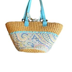 Vera Bradley Capri Blue Pattern Straw Beach Bag